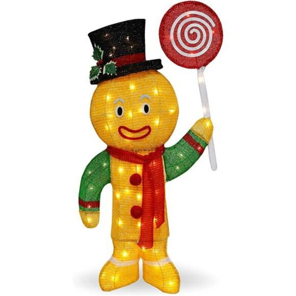 3FT Christmas Gingerbread Man Tinsel Yard Light 50 Pre-Lit LED Warm White Lights - Picture 1 of 7